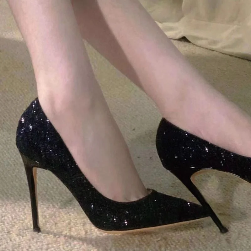 Breakj Breakj Red-Soled High Heels Women's Fine Heel 2025 Autumn/Winter Autumn And Winter New Sequin Crystal Wedding Shoes At The Tip Of Professional Sexy Single Shoes