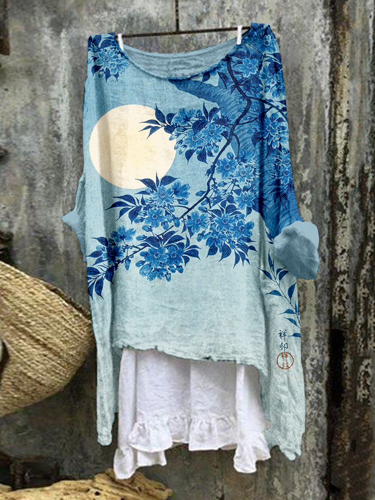 Comstylish Moonlit Night Cherry Blossoms Japanese Art Linen Blend Tunic