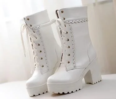 Winter Women shoes pink flower slide chunky knight boots thick bottom lace-up ankle botas platform high heel chelsea boots mujer