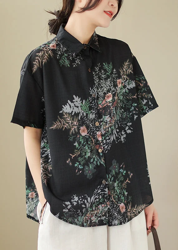 Organic Black Oversized Print Linen Blouses Summer