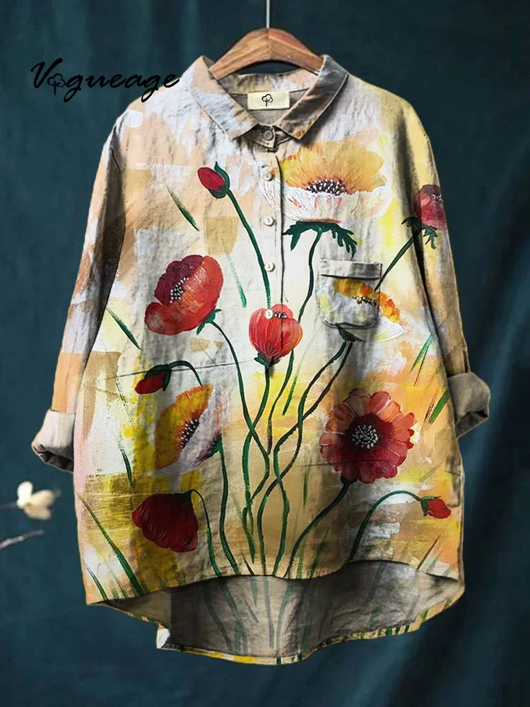 Gentle Fashionable And Graceful Flowers Printed Cotton And Linen Shirt