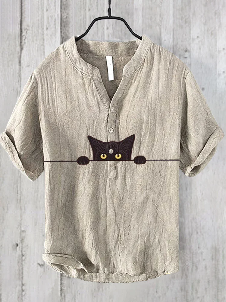Japanese Art Black Cat Print Cotton Blend Shirt