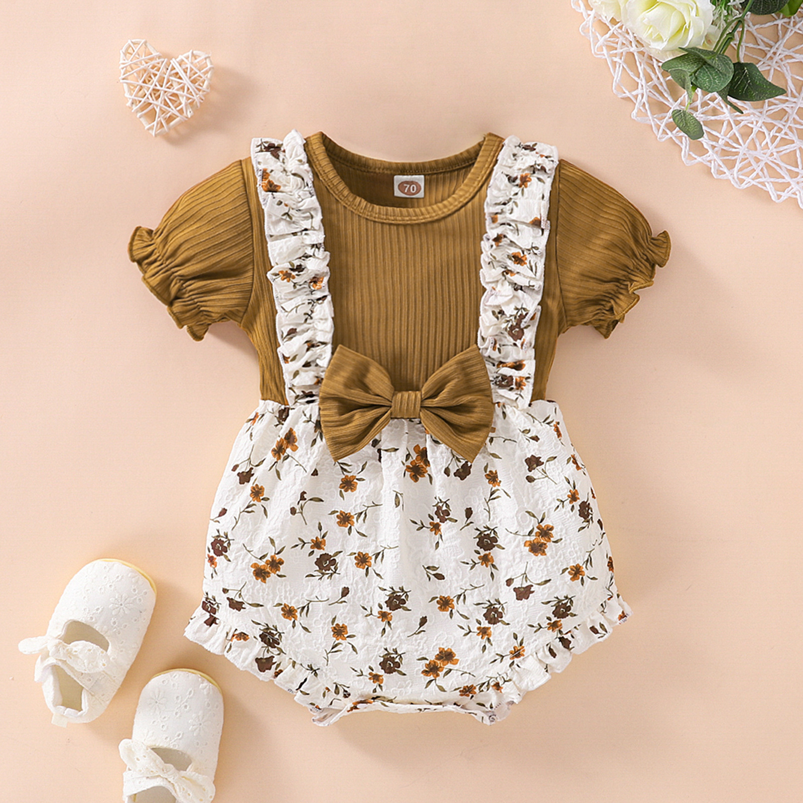 Baby Lace Ruffle Tops & Floral Suspender Dresss Set