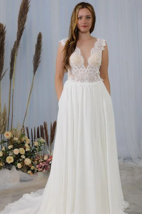 Deep V-neck Wide Straps Backless Chiffon Wedding Dress With Appliques Lace