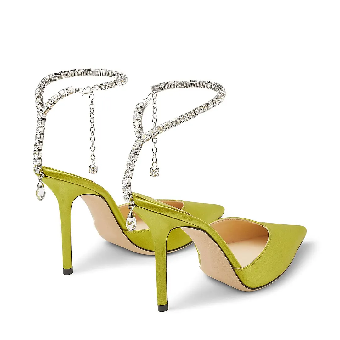 100mm Women's Sandals Crystal Chain Ankle Straps Rhinestones Buckle Heels Stiletto Satin Dress Shoes-vocosishoes