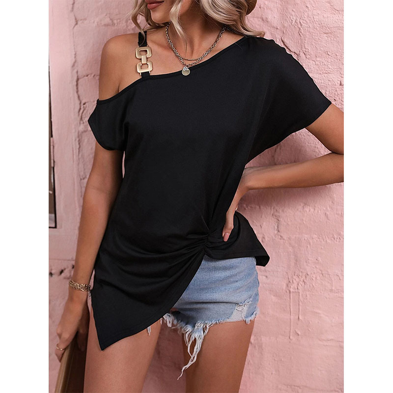 Summer Loose Sexy One Off Shoulder Metal Ring Buckle Strap Solid Blouses & Shirts