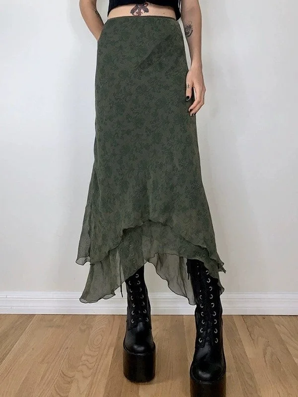Brownm vintage asymmetrical midi skirt with floral pattern and ruffles
