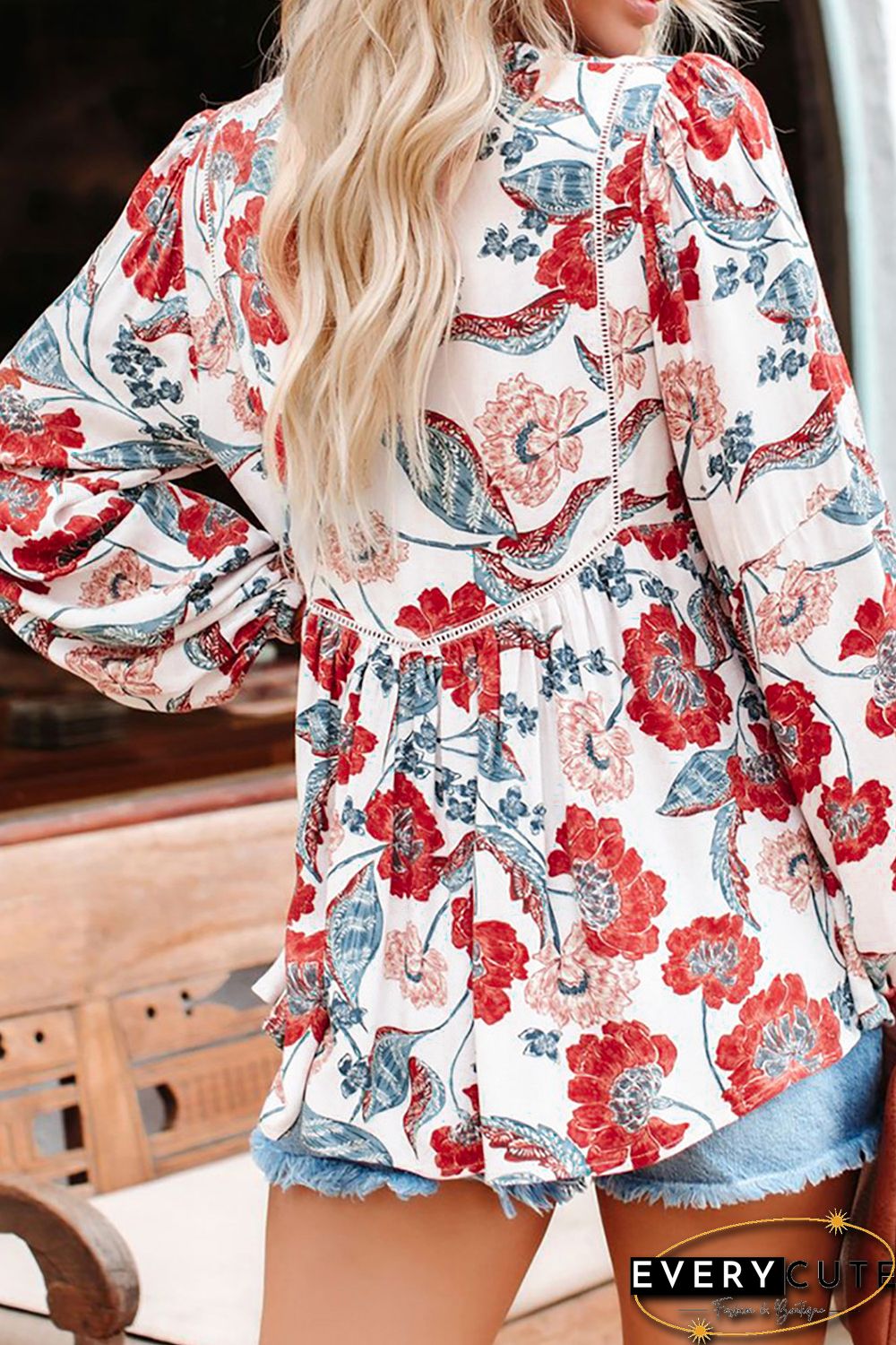 Red Split Neck Bubble Sleeve Floral Patchwork Blouse