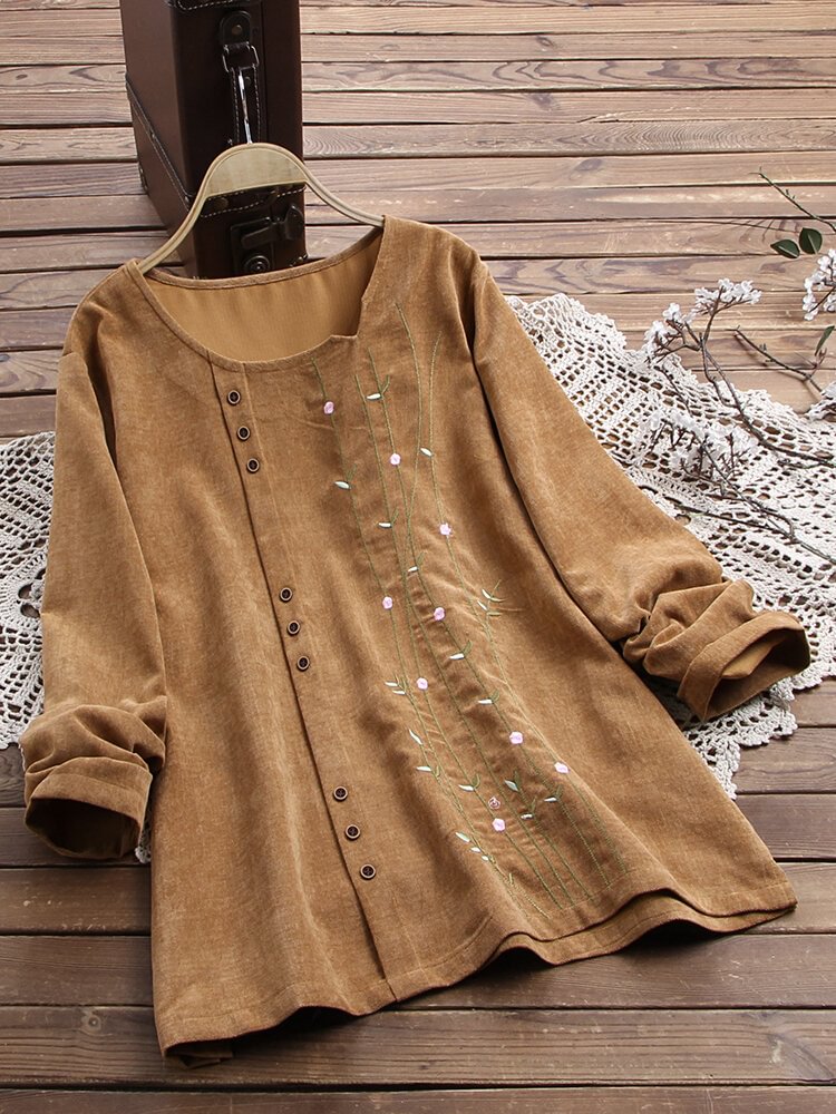 Embroidered Corduroy Button Long Sleeve Vintage Blouse P1616883