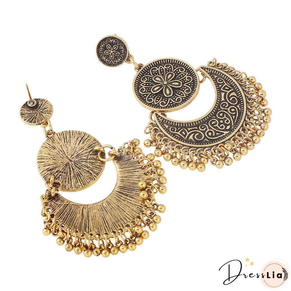 3 Colors Bohemian Indian Antique Moon Shape Carved Flower Tassels Earrings