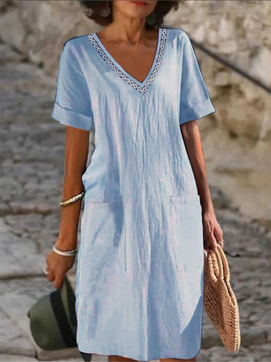 V-neck Solid Color Short Sleeved Cotton Linen Dress