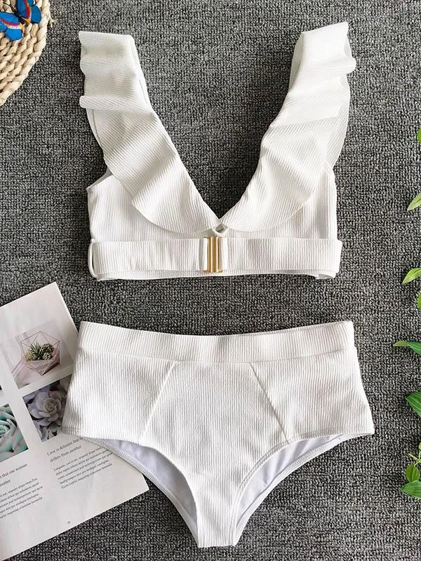 Solid Color Flared Sleeves Deep V-Neck Split Bikini Swimsuit