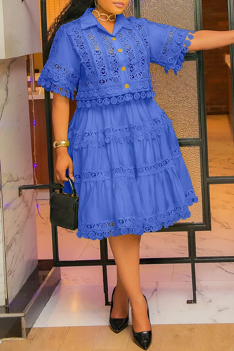 Plus Size Business Casual Green Shirt Collar Short Sleeve Cut Out Lace Two Piece Skirt Sets 2024 - Xpluswear