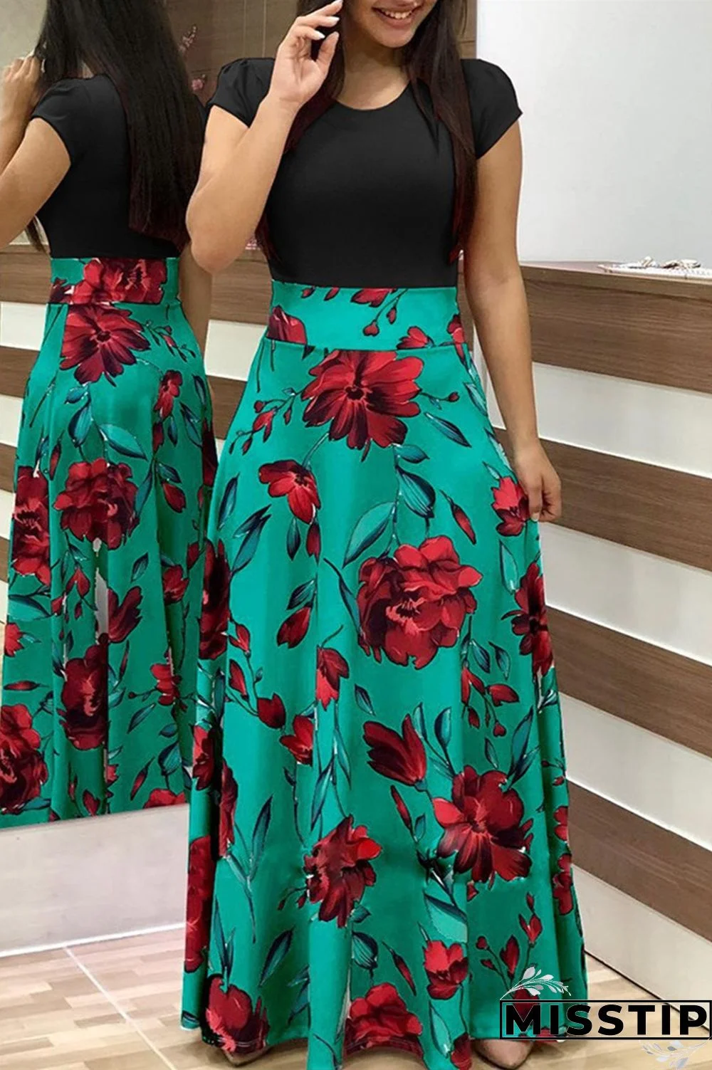 Black Green Fashion Casual Print Patchwork O Neck Short Sleeve Dress