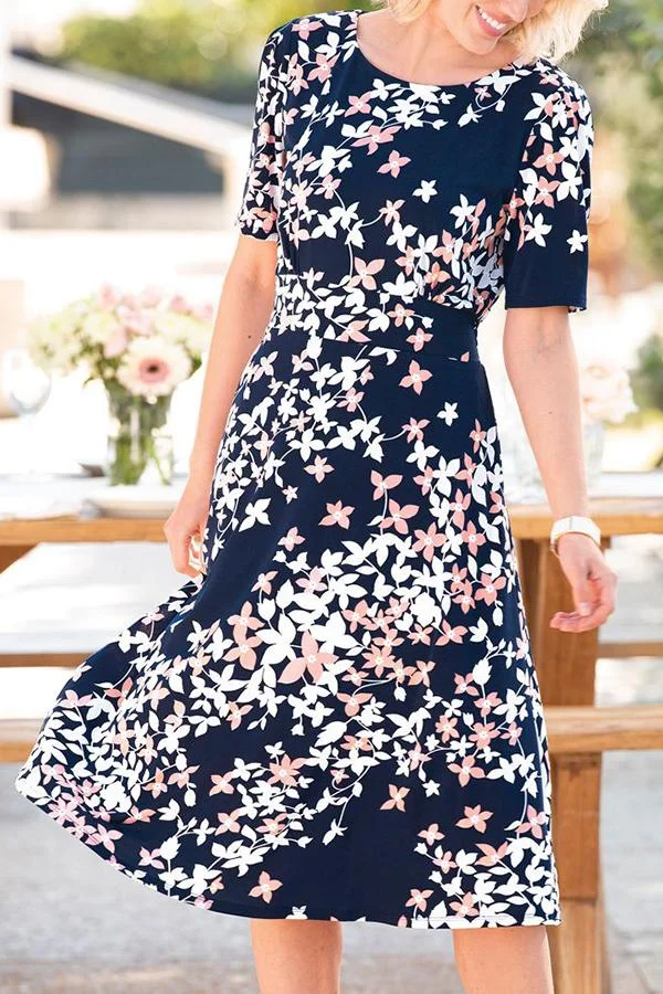 Floral Print Paneled Short Sleeves Elegant A-line Midi Dress | EGEMISS