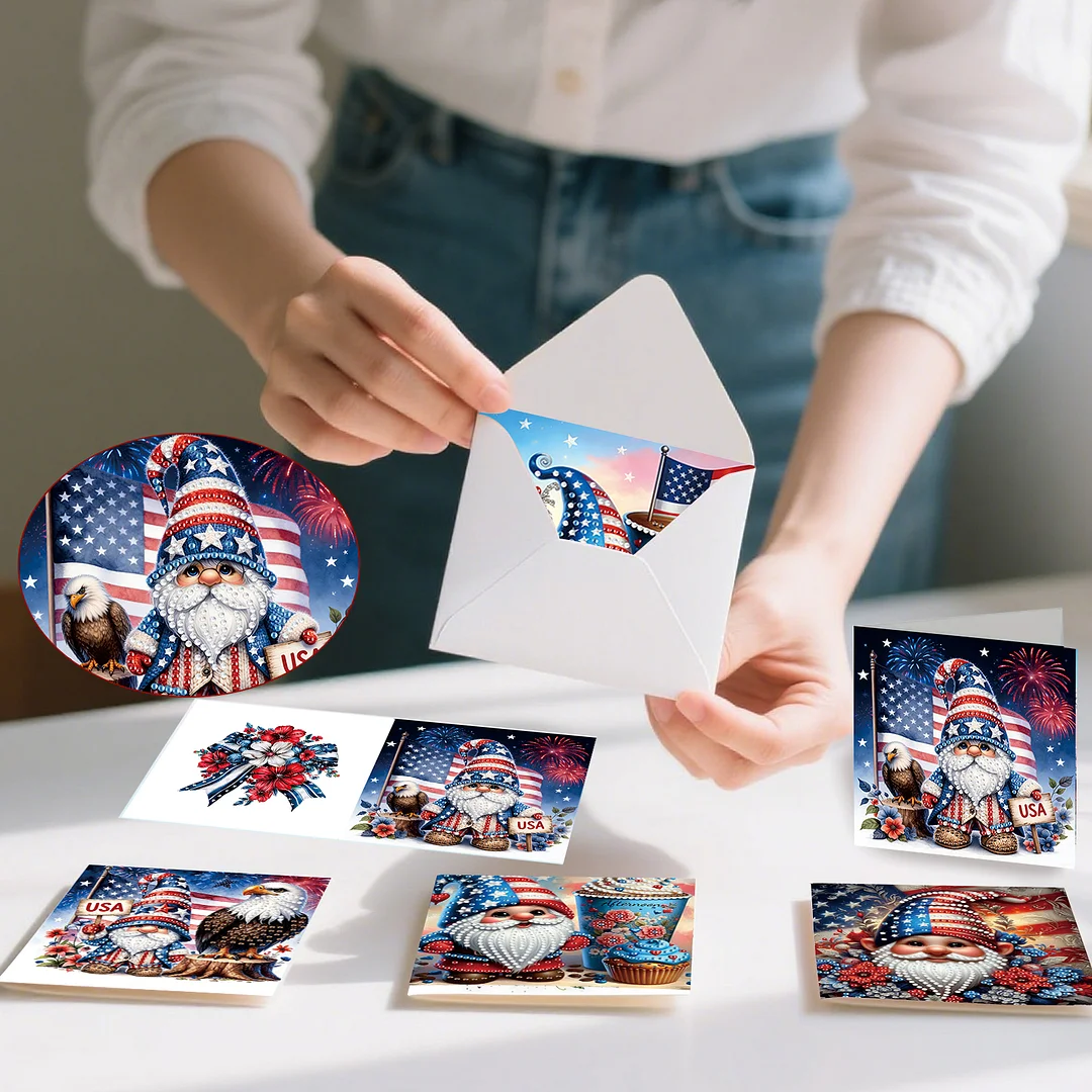 6pcs Independence Day Goblin DIY Diamond Painting Kit Greeting Card with Envelope Diamond Art Painting Greeting Cards for Family Friends Holiday Gift Congratulations