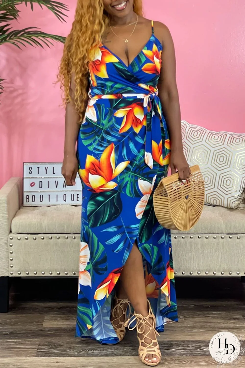 Red Sexy Casual Print Bandage Backless V Neck Sling Dress