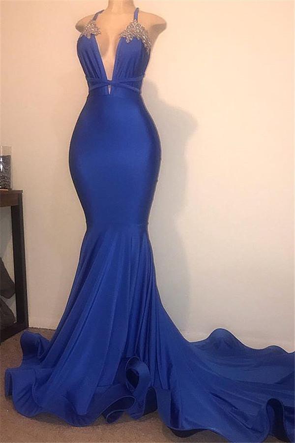 Luluslly Halter Mermaid Prom Dress Blue Long Party Gowns Appliques