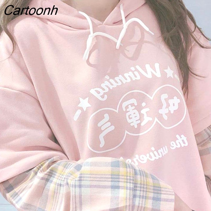 Cartoonh Japanese Harajuku Fake Two Piece Hoodies Women Soft Girl Kawaii Pink Plaid Long Sleeve Letter Sweatshirt Kpop Cute Clothes
