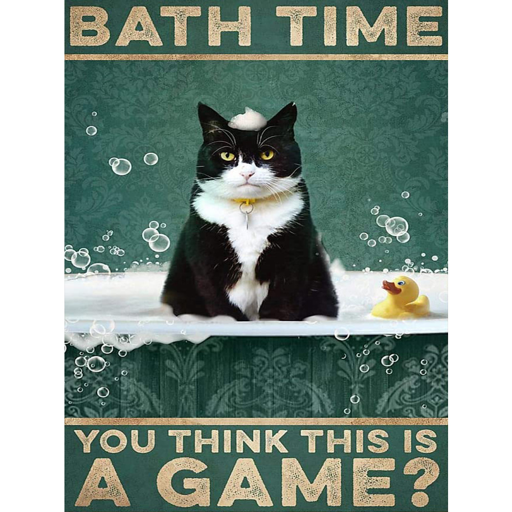 

(Multi-Size Round/Square) Bath Time Black Cat Retro Poster - Diamond Painting, Round diamond 30*40cm, 501 Original