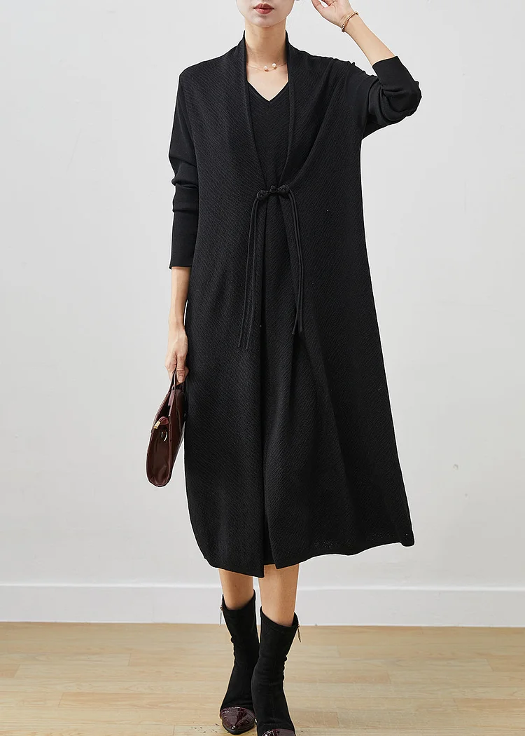 Black Patchwork Knit Fake Two Piece Dress Chinese Button Spring