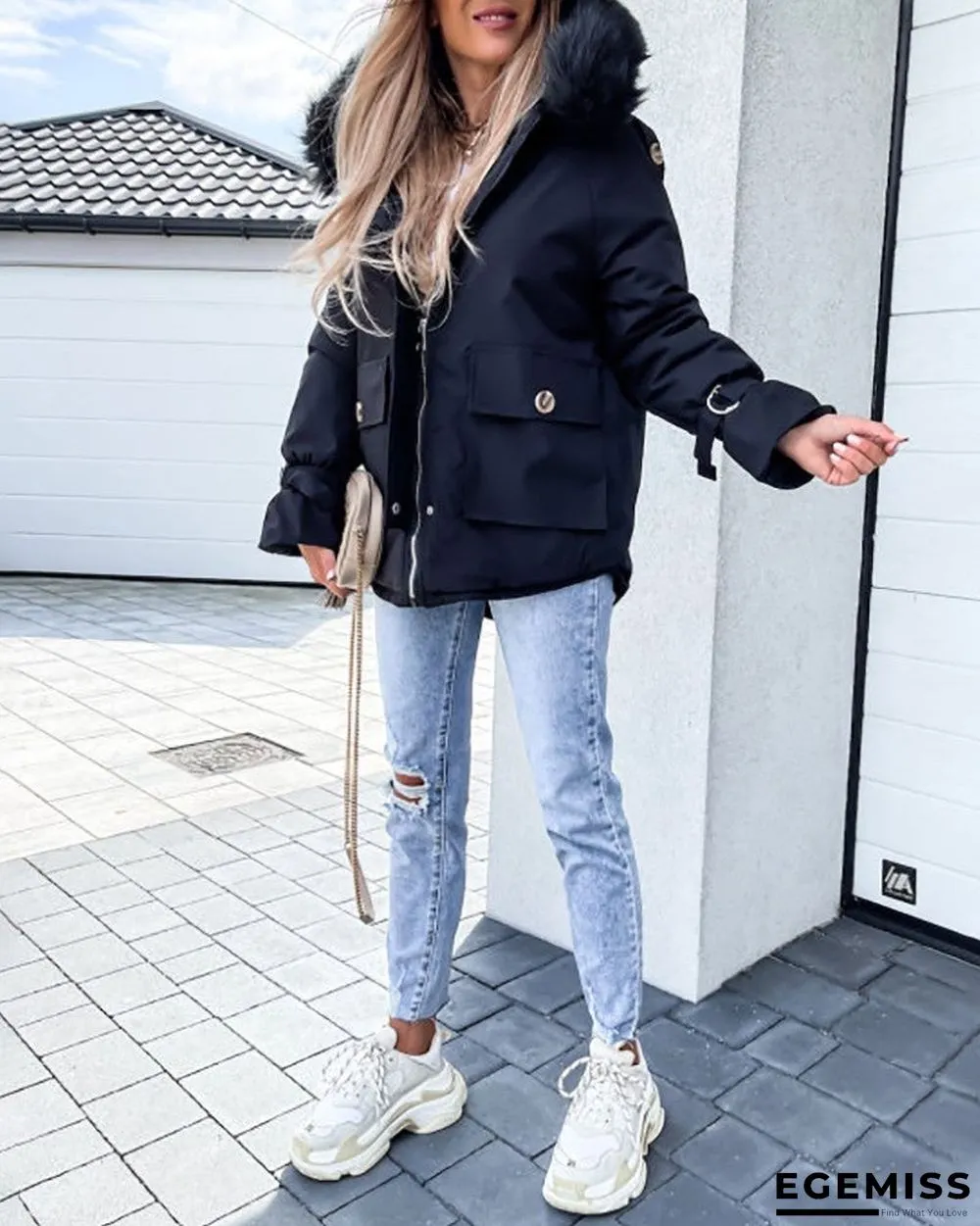 Faux Fur Patch Pocket Zipper Design Hooded Parker Coat | EGEMISS