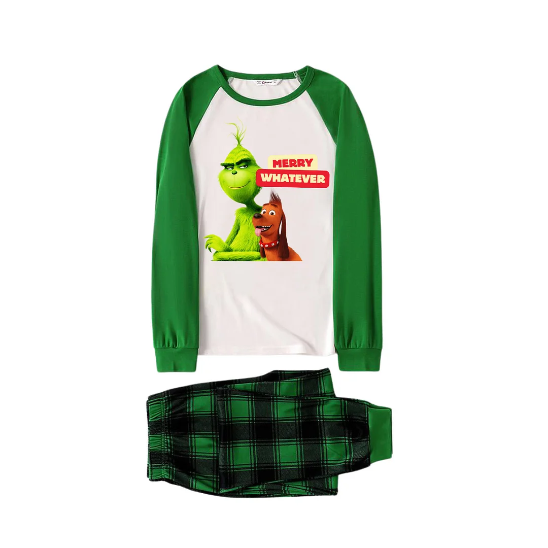 Cartoon Pattern and "Merry Whatever" Printed Green Plaid Long Sleeve Christmas Family Pajamas