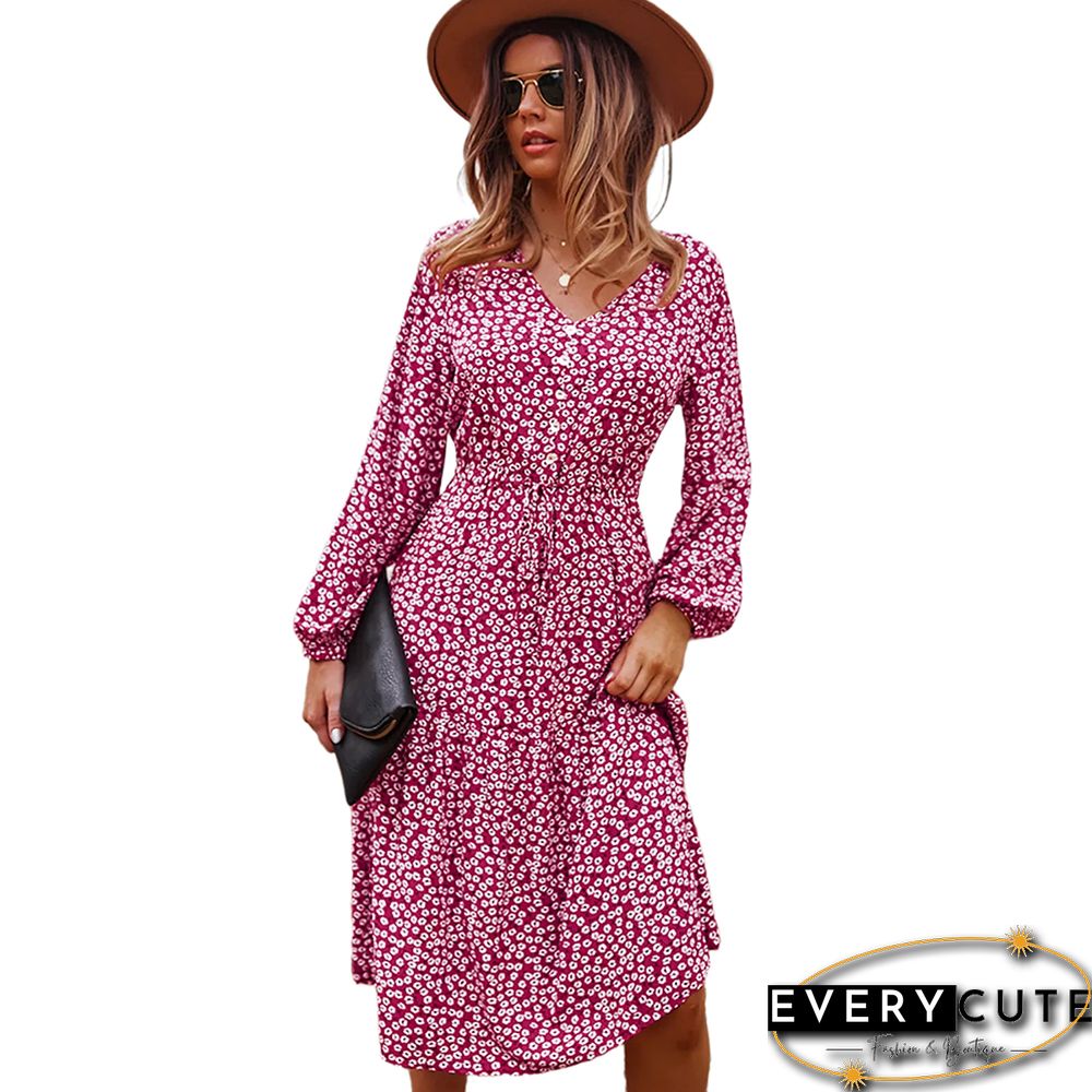 Red Floral Print V Neck Long Sleeve Dress