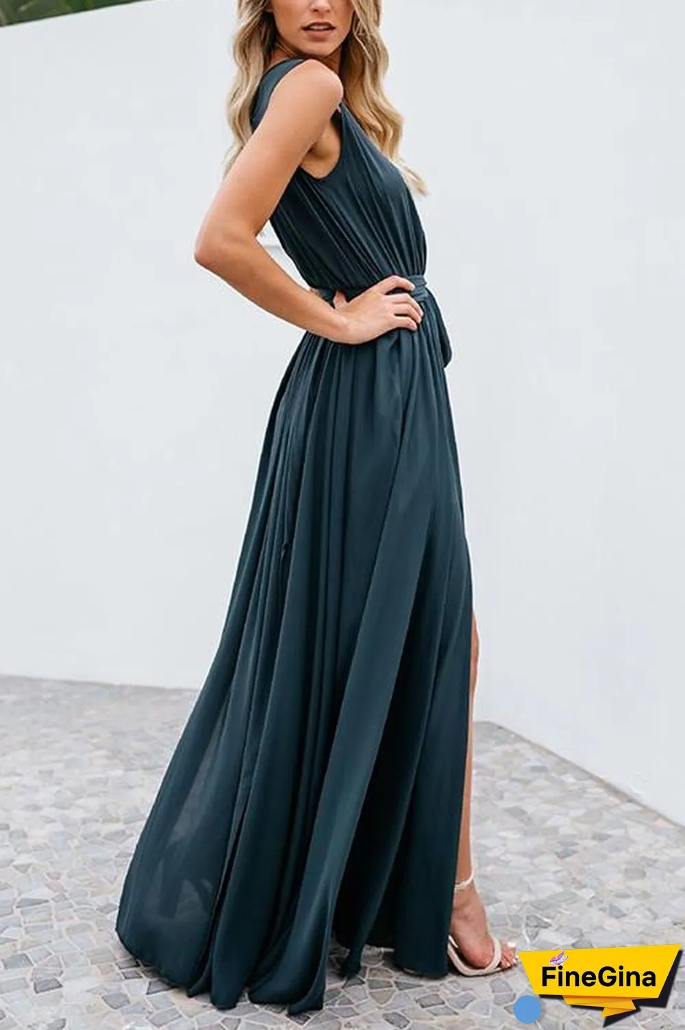 V Neck Sleeveless Slit Wrap Maxi Dress