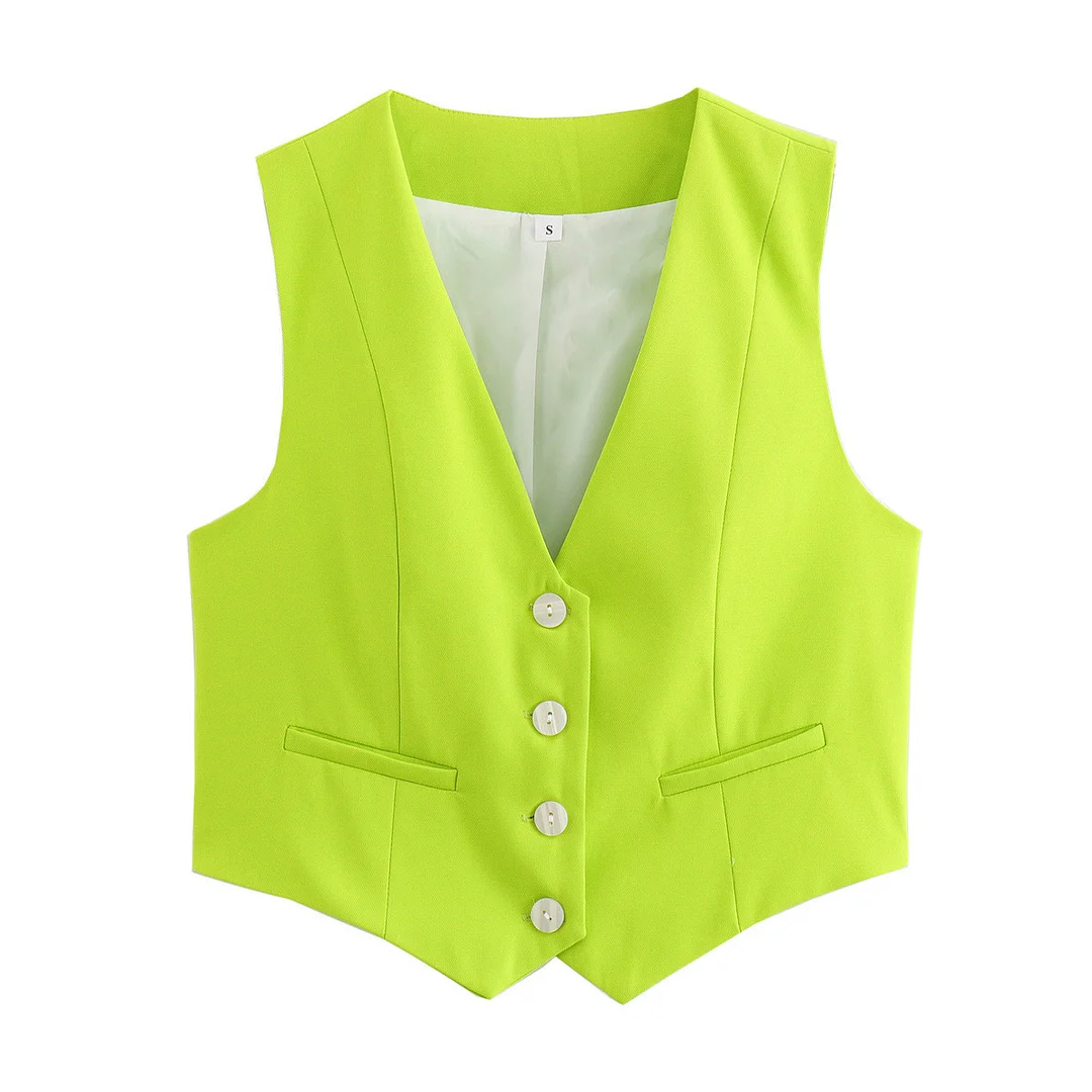 Nigikala Nigikala Women's Retro Solid Color Candy Color V-Neck Short Suit Vest / Horse Clip Cane