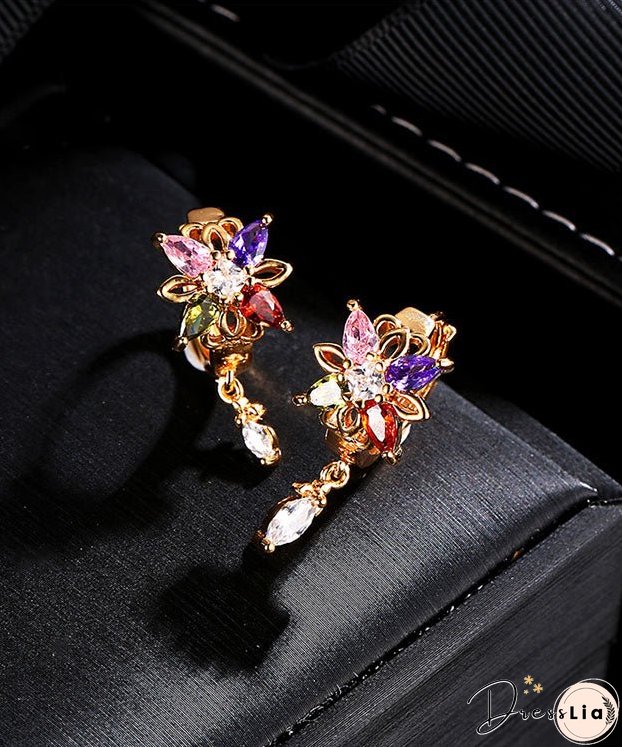 Regular Gold Alloy Crystal Zircon Floral Tassel Drop Earrings