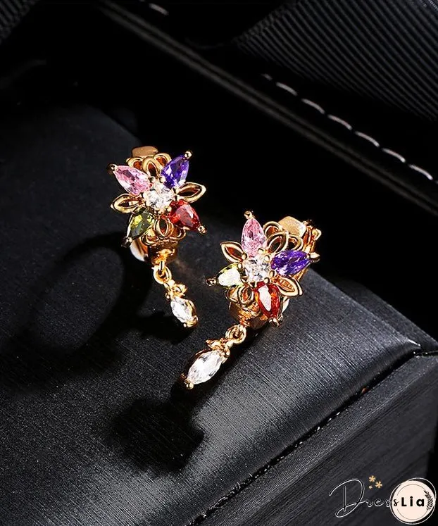 Regular Gold Alloy Crystal Zircon Floral Tassel Drop Earrings