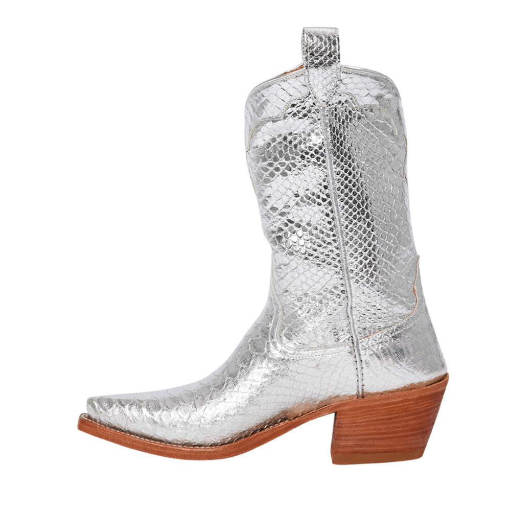 Metallic Silver Pointed Toe Mid-Calf Cowgirl Boots with Chunky Heel Nicepairs