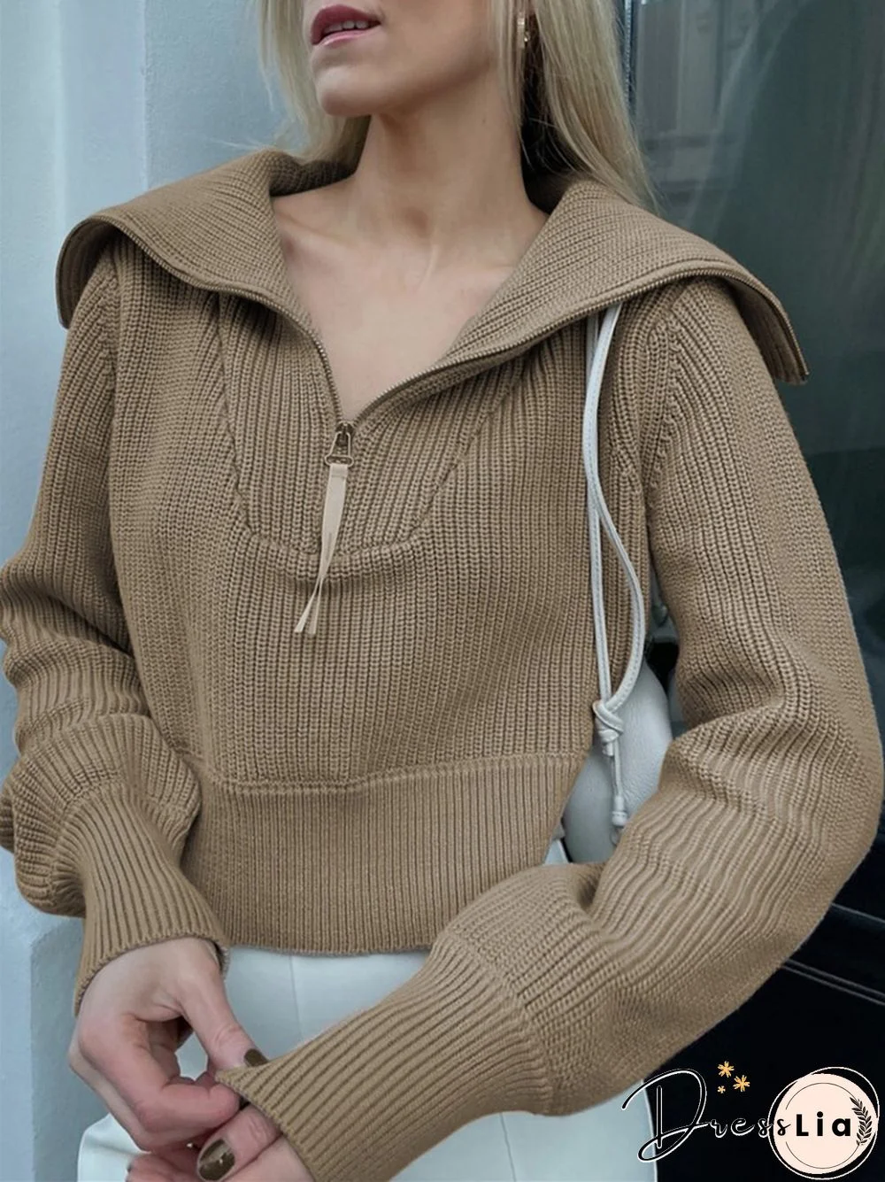 Solid Color Zipper Wide Neck Fashionable Casual Sweater