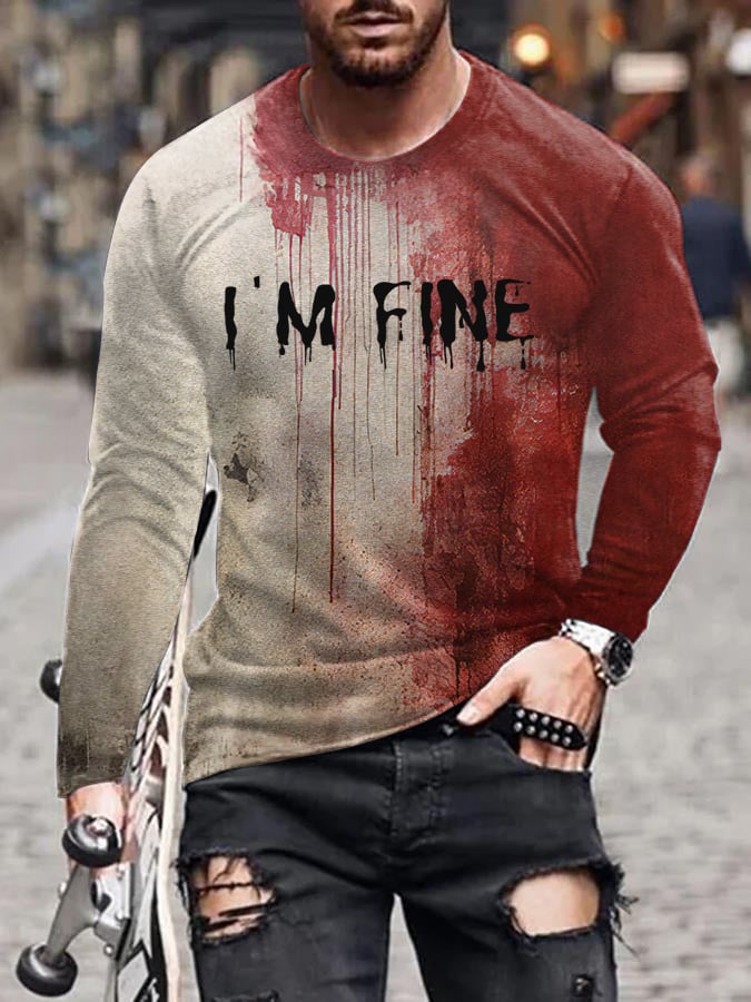 Men's Bloody I'm Fine Halloween Print Long Sleeve T-Shirt