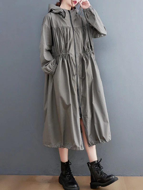 Casual Loose Grey Zipper Drawstring Long Sleeves Hooded Trench Coat