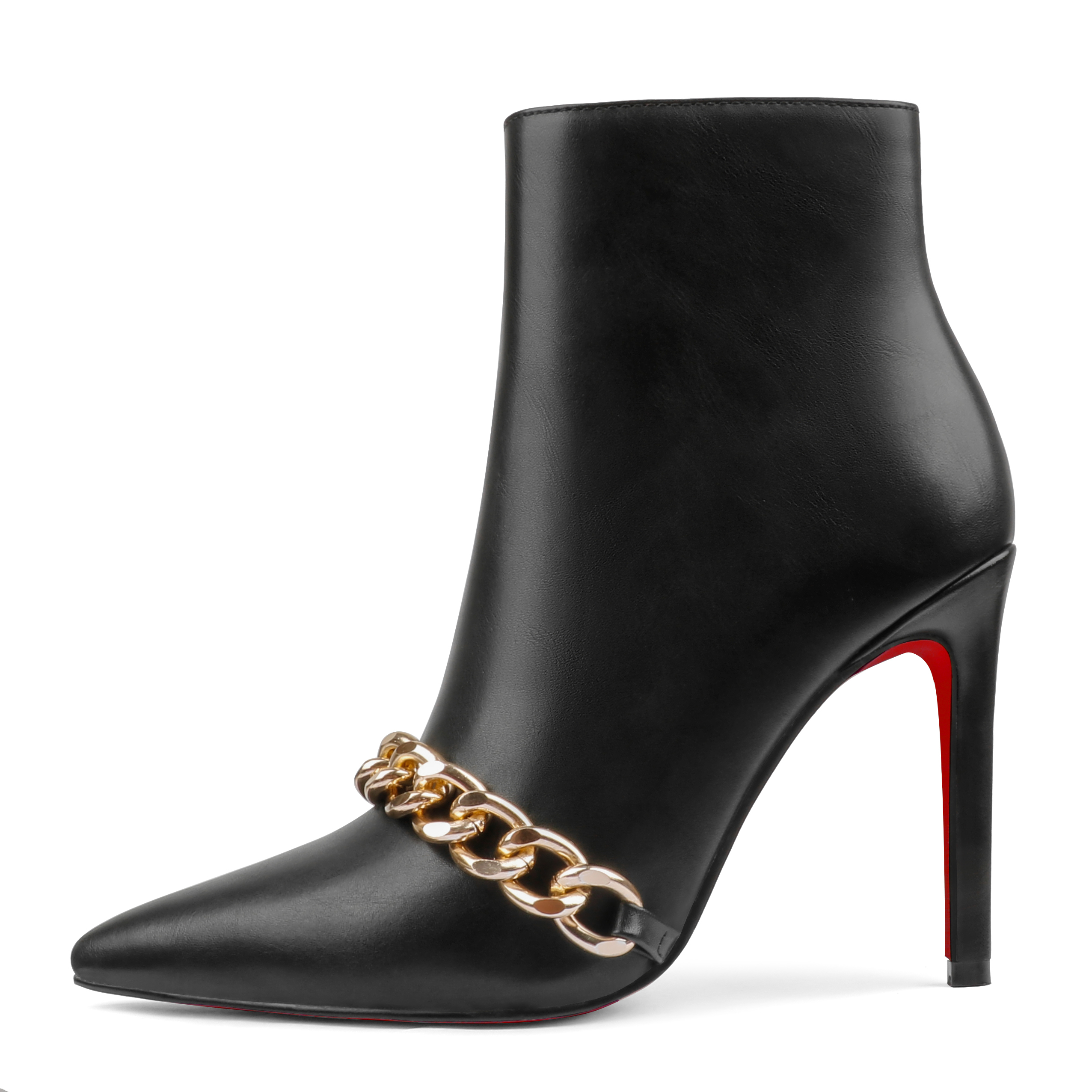 Women's Closed Pointed Toe Chain Studded Stiletto Ankle Boots Red Bottom Heels-MERUMOTE
