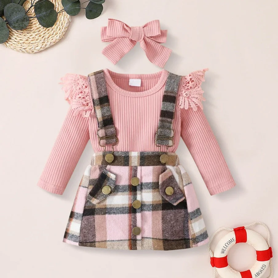 3PCS Sweet Solid Color Ruffle Decor Plaid Printed Baby Set