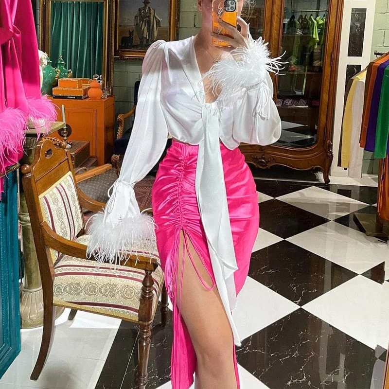 Woman Solid Sexy Skirts 2022 Summer High Waist Bandage Drawstrings Irregular Maxi Dress Ladies Streetwear Slit Skirts