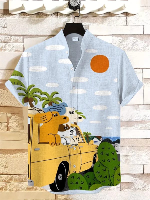 Men's Traveling Dogs Art Print Linen Blend Shirt
