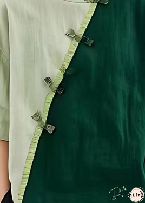 Green Patchwork Linen Blouses Chinese Button Wrinkled Summer