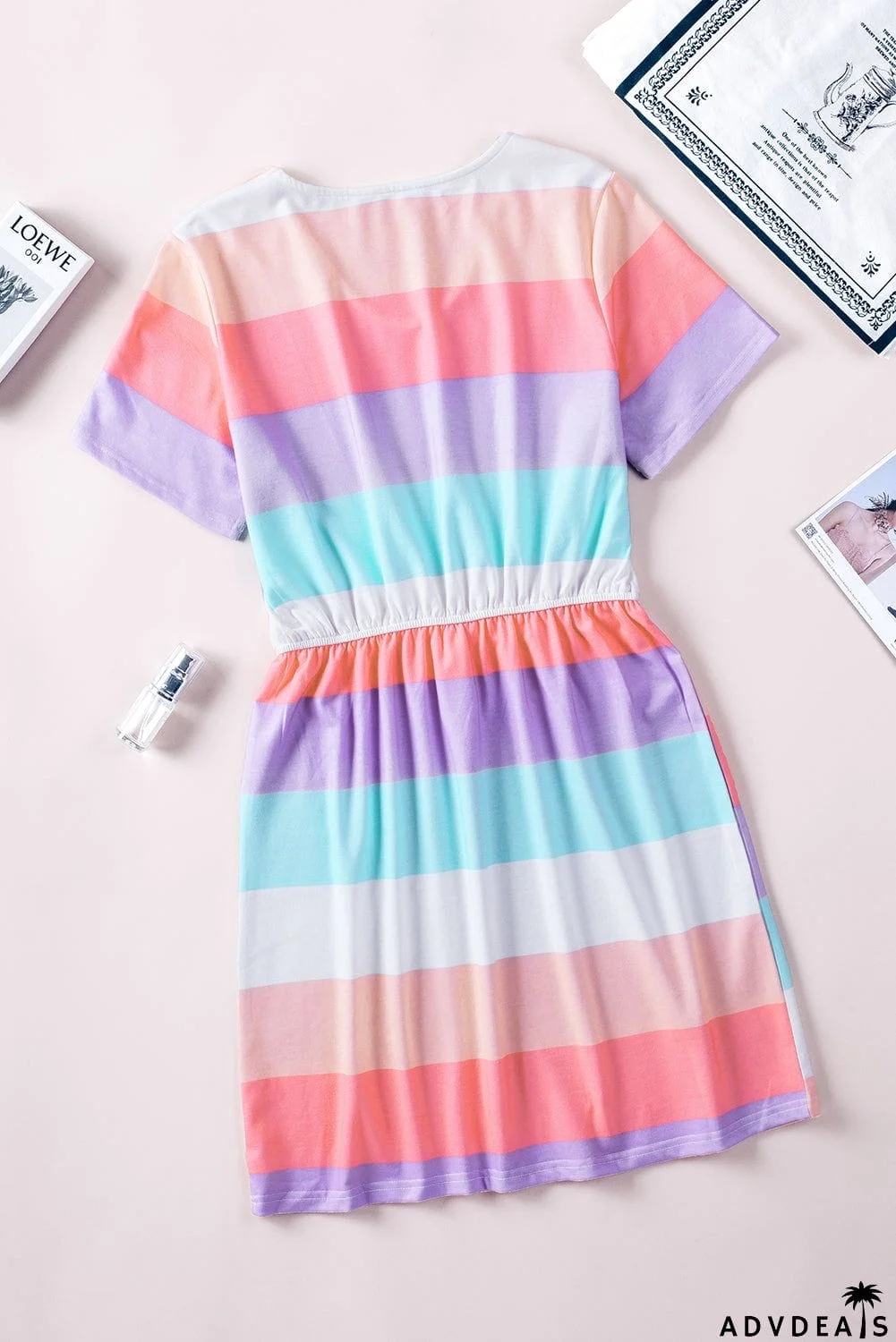 Multicolor Striped Drawstring V Neck T Shirt Dress