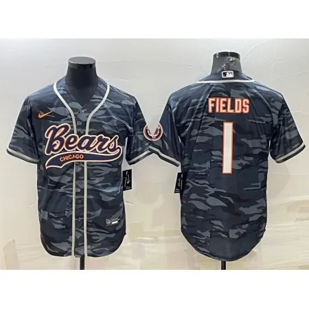 Men's Chicago Bears #1 Justin Fields Grey Camo With Patch Cool Base Stitched Baseball Jersey 001
