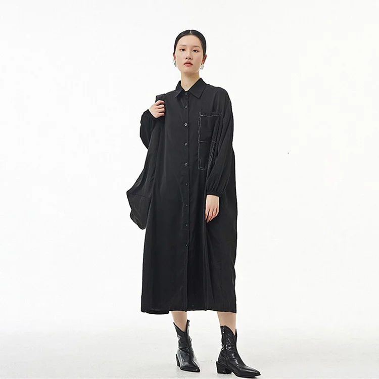 Fashion Loose Solid Color Lapel Splicing Pocket Pleated Back Long Sleeve Shirt Dress