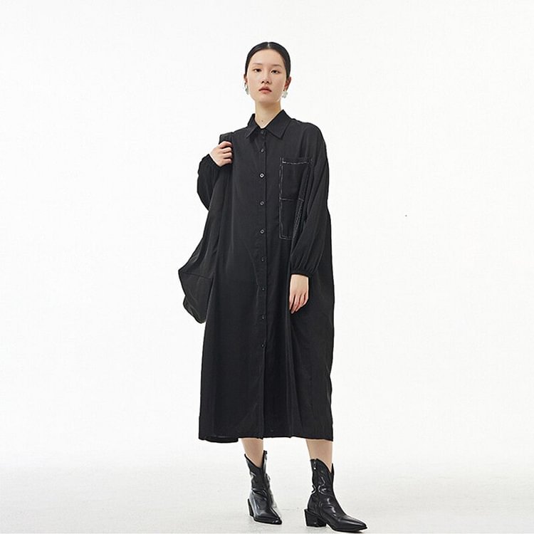 Fashion Loose Solid Color Lapel Splicing Pocket Pleated Back Long Sleeve Shirt Dress