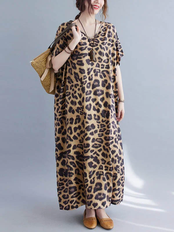Chic Loose Leopard Print V-Neck Batwing Sleeves Maxi Dress