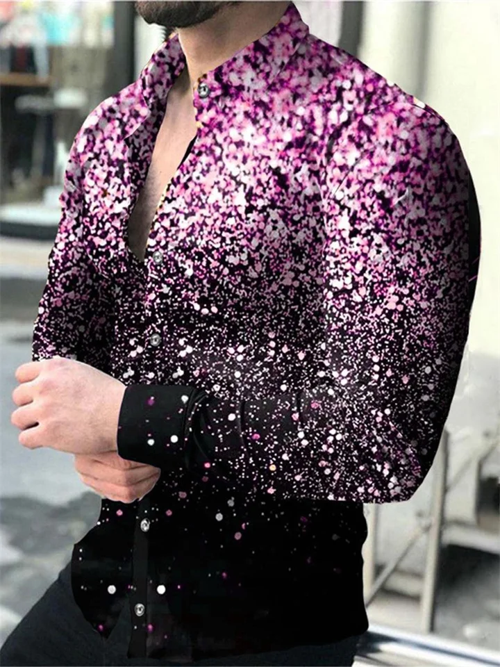 Men's Shirt Glitter Print Long Sleeve Casual Turndown Tops Blue Purple Pink Gold Red Outdoor Street Button-Down Print Tops Fashion Breathable Summer / Spring