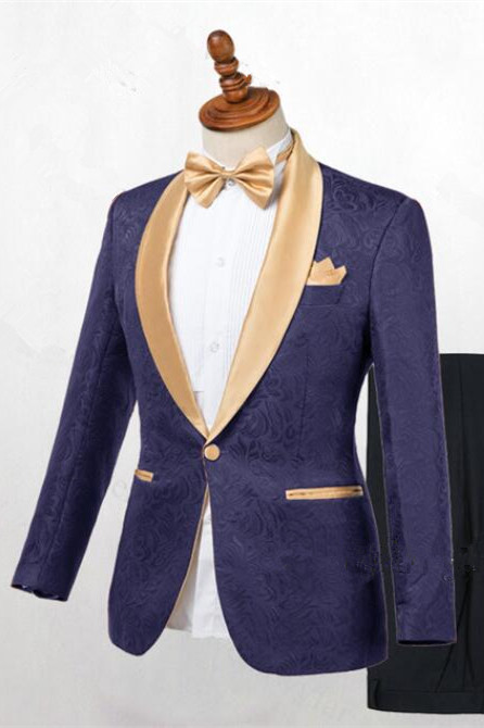 Bellasprom Dark Blue Jacquard Wedding Suit With Shawl Lapel For Men Bellasprom