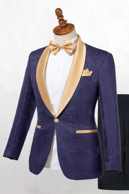 Bellasprom Dark Blue Jacquard Wedding Suit With Shawl Lapel For Men