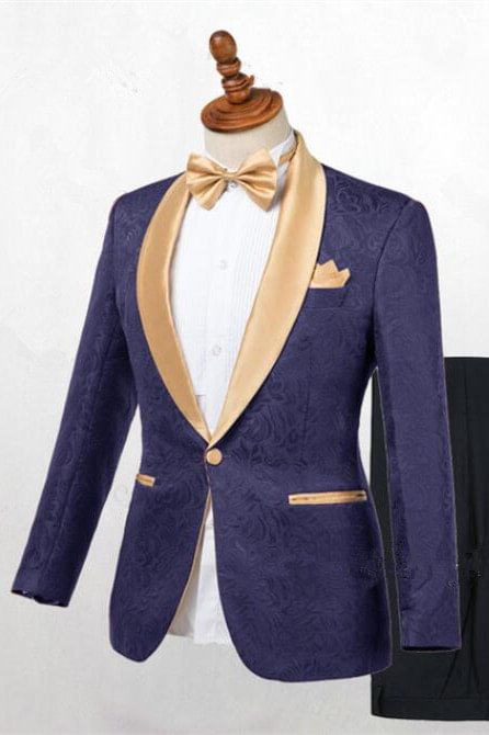 Popular Dark Blue Shawl Lapel Wedding Suit With Jacquard For Men | Ballbellas Ballbellas